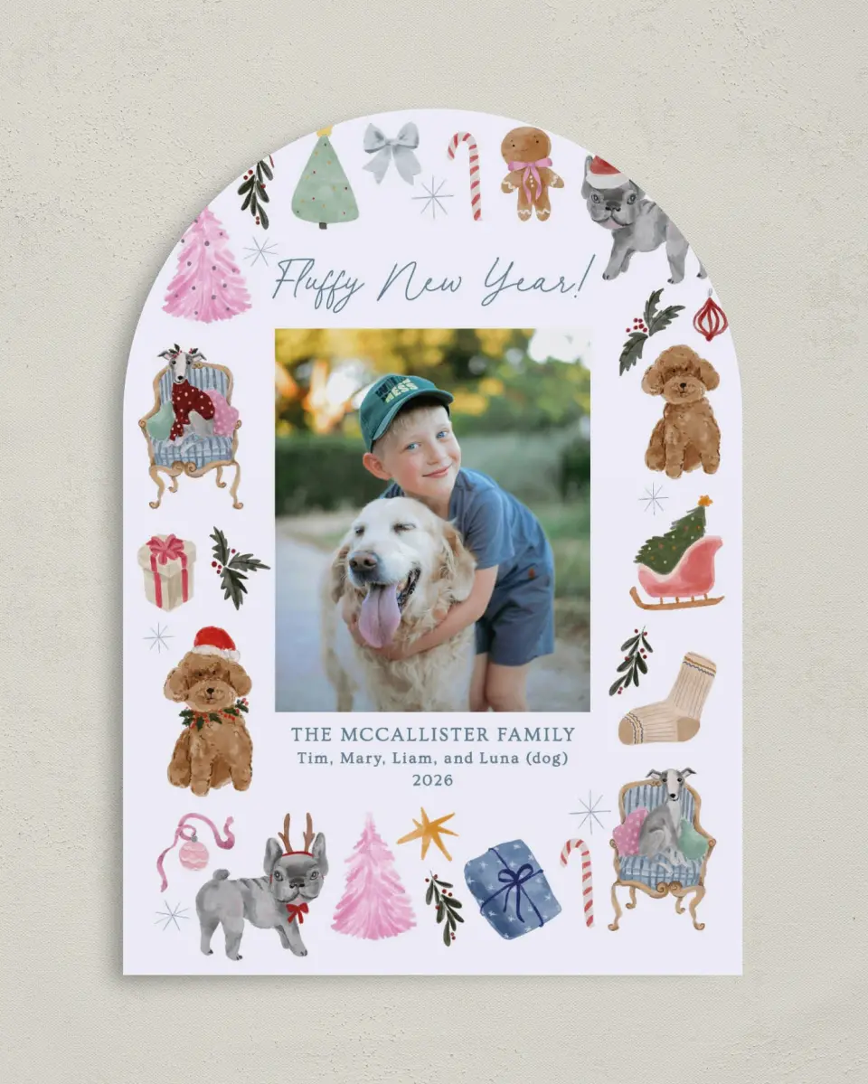 This is a 5" x 7" Christmas Card called Fluffy New Year printed in full color on Premium Smooth paper