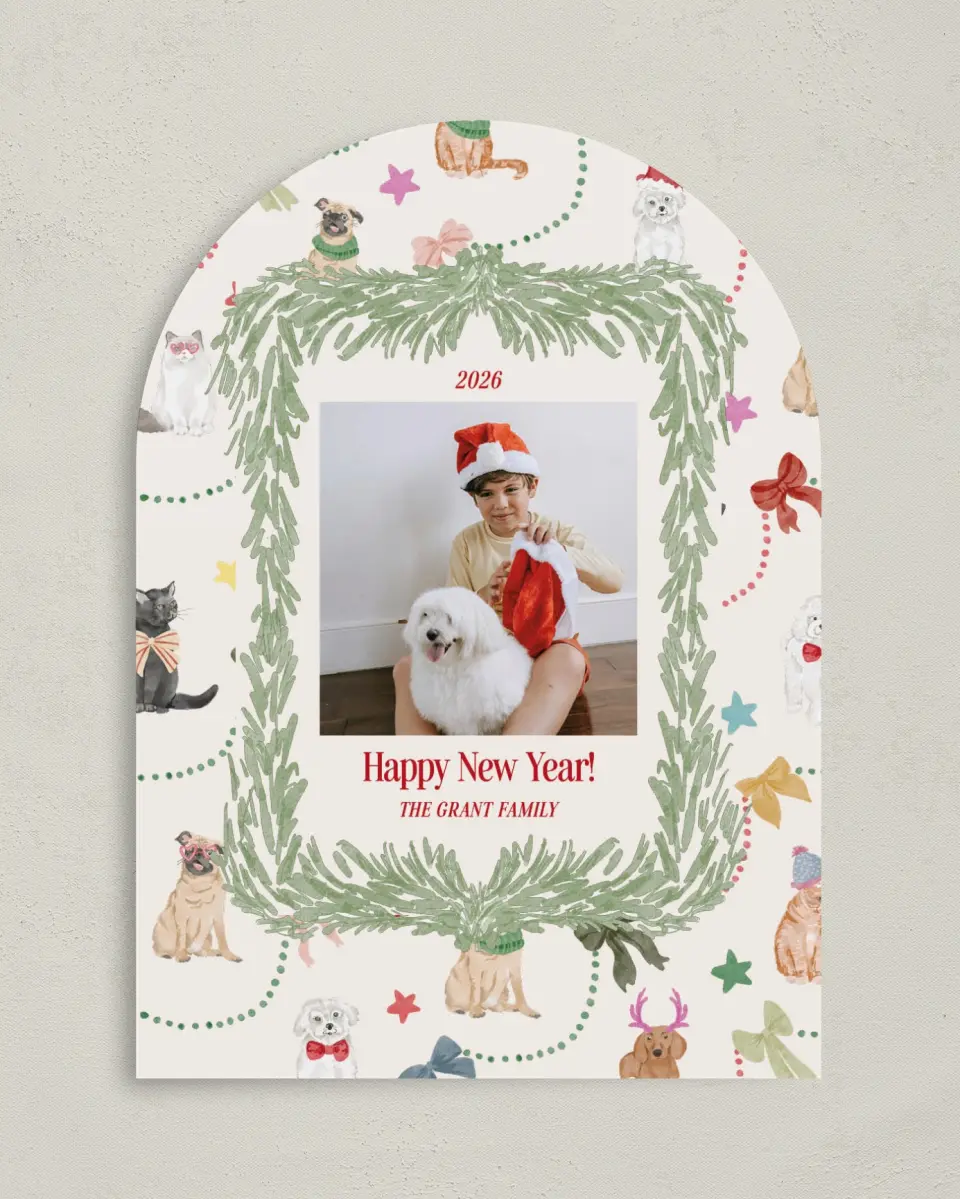 This is a 5" x 7" Christmas Card called Paws & Joy printed in full color on Premium Smooth paper