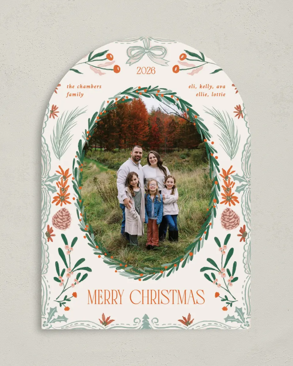 This is a 5" x 7" Christmas Card called Holiday Grove printed in full color with Gold foil on Premium Smooth paper