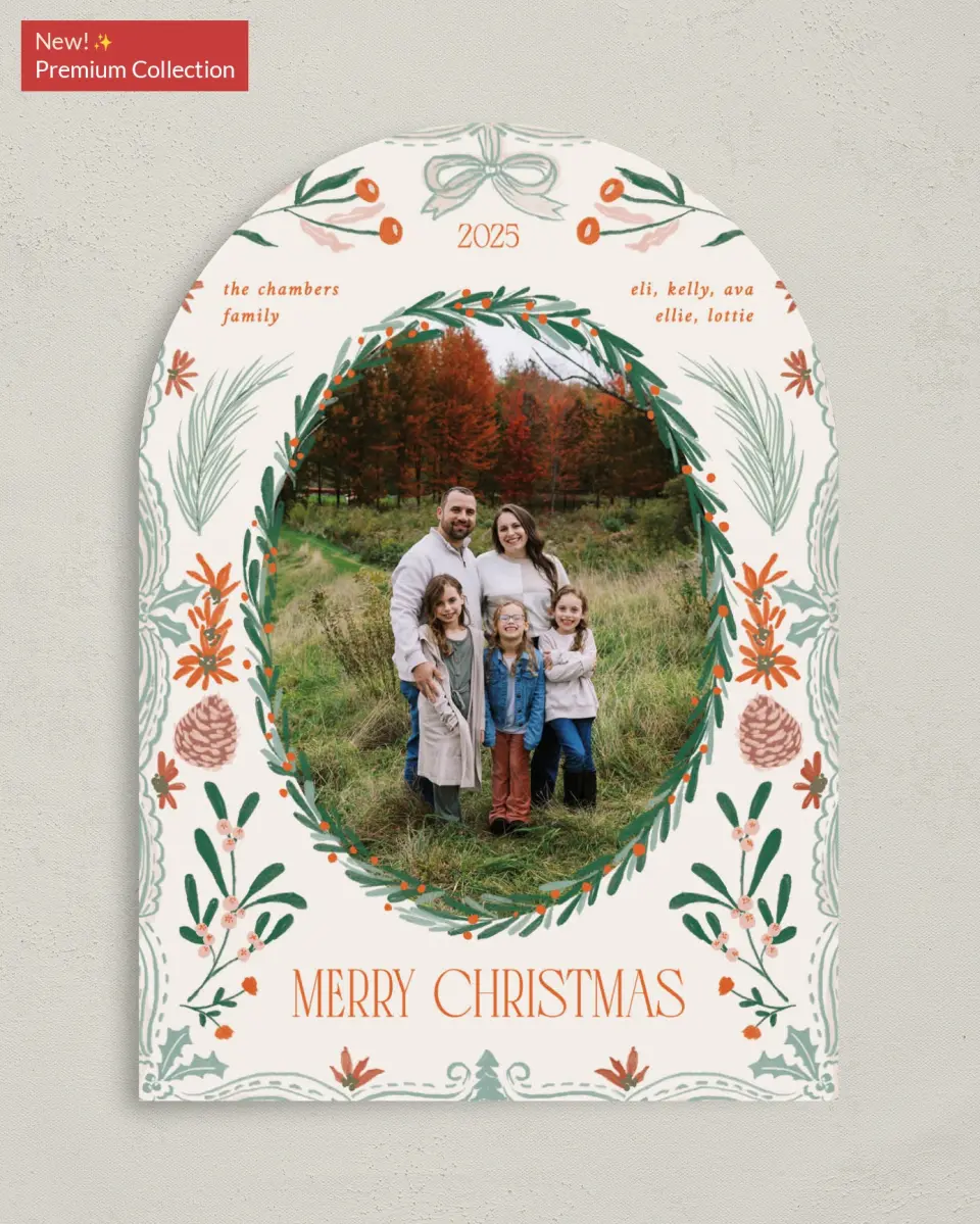This is a 5" x 7" Christmas Card called Holiday Grove printed in full color with Gold foil on Premium Smooth paper