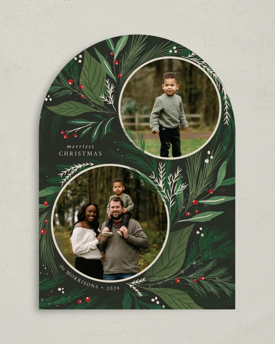 This is a 5" x 7" Christmas Card called Festive Greenery printed in full color with Gold foil on Premium Smooth paper