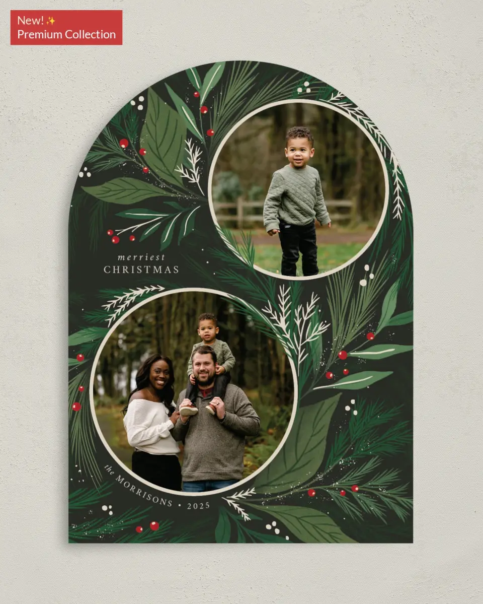 This is a 5" x 7" Christmas Card called Festive Greenery printed in full color with Gold foil on Premium Smooth paper