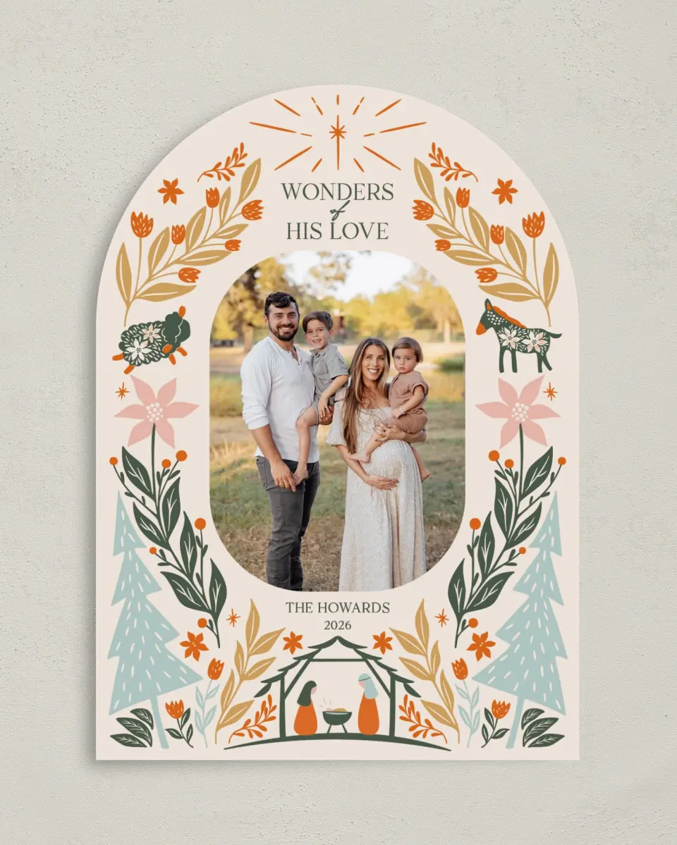 This is a 5" x 7" Christmas Card called Profound Wonders printed in full color with Gold foil on Soft Suede (coated) paper