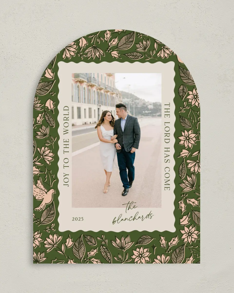This is a 5" x 7" Christmas Card called Peace & Joy printed in full color on Premium Smooth paper