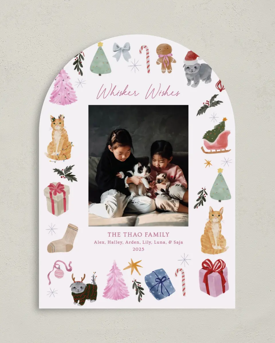 This is a 5" x 7" Christmas Card called Whisker Wishes printed in full color on Premium Smooth paper