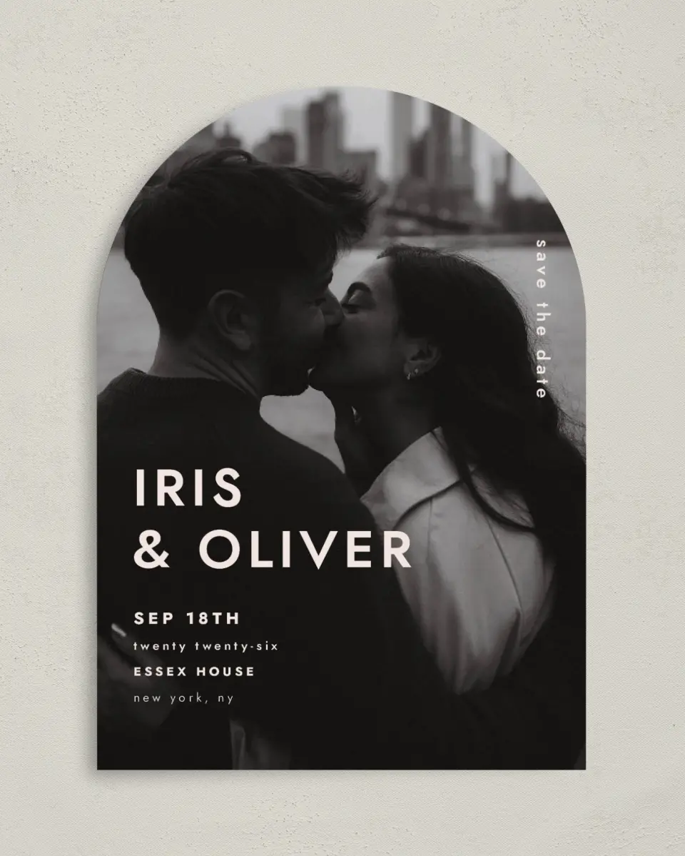 This is a 5" x 7" Arch Save the Date called Serendipity & Stripes printed in full color on Premium Smooth paper