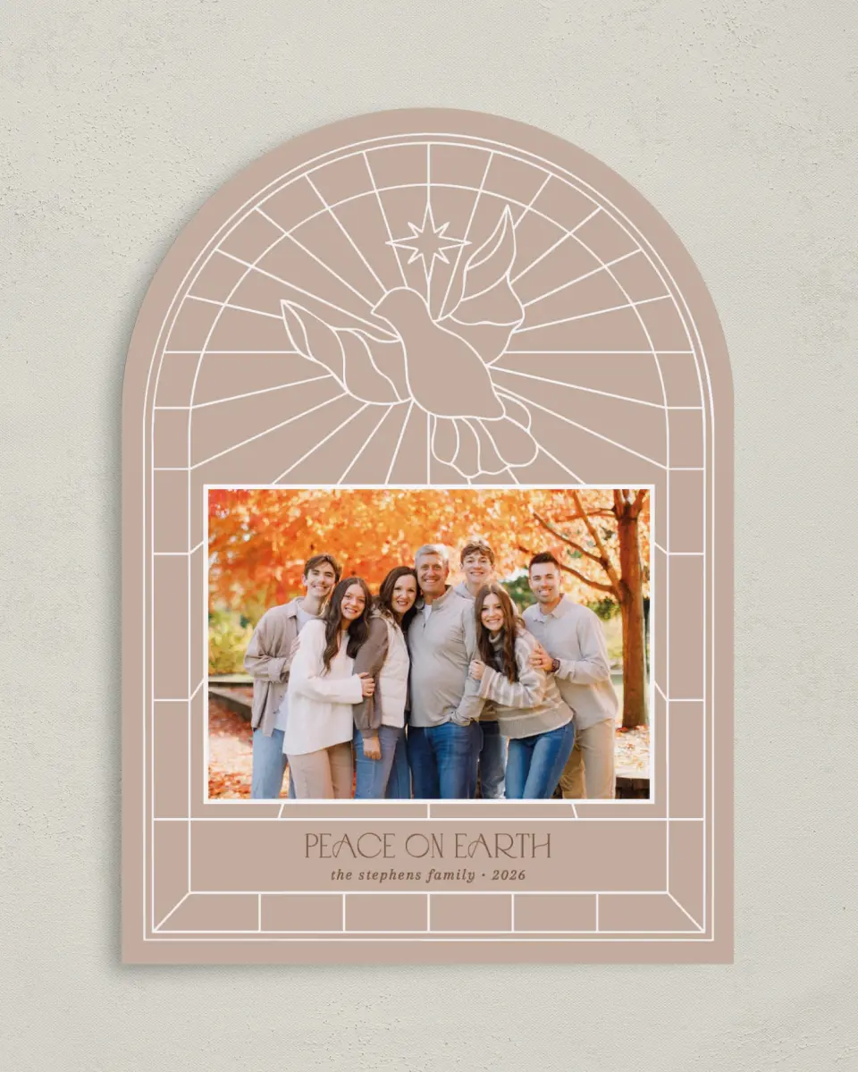 This is a 5" x 7" Christmas Card called Peace on Earth printed in full color with Gold foil on Premium Smooth paper