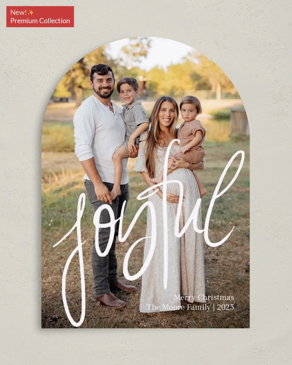 This is a 5" x 7" Christmas Card called Just Joyful printed in full color with Gold foil on Premium Smooth paper
