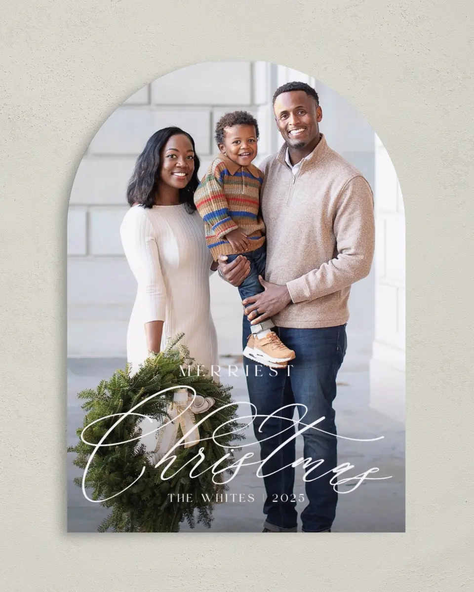 This is a 5" x 7" Christmas Card called Scripted Christmas printed in full color on Premium Smooth paper