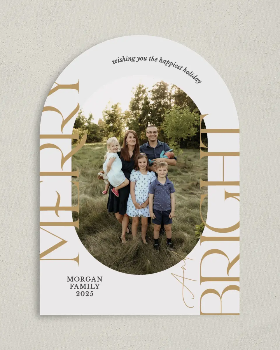 This is a 5" x 7" Christmas Card called Bright Holiday printed in full color with Gold foil on Soft Suede (coated) paper