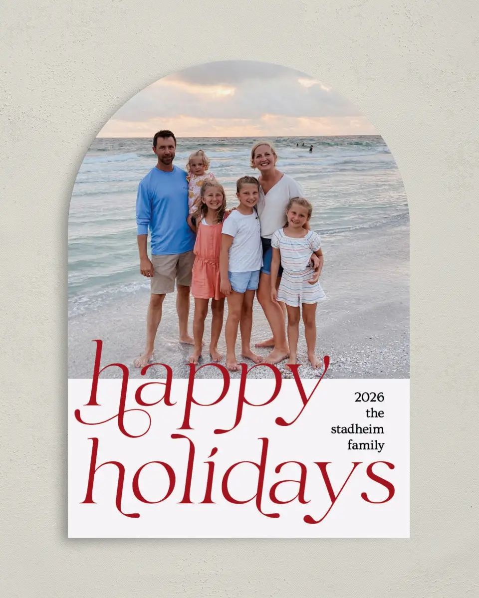 This is a 5" x 7" Christmas Card called Holiday of Happiness printed in full color with Gold foil on Premium Smooth paper