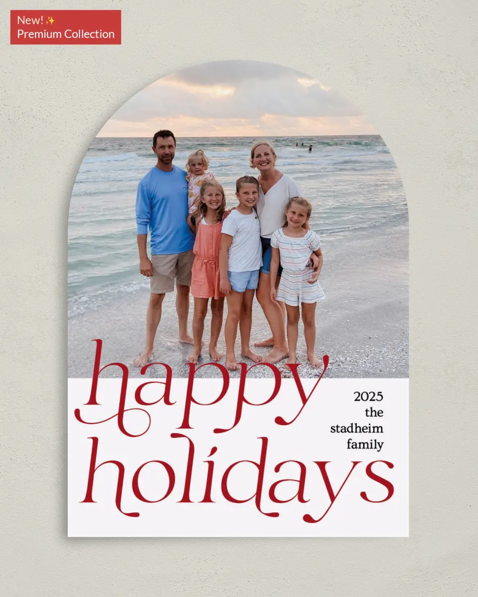 This is a 5" x 7" Christmas Card called Holiday of Happiness printed in full color with Gold foil on Premium Smooth paper