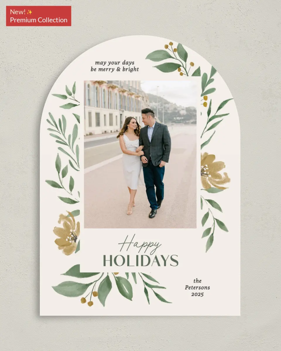 This is a 5" x 7" Christmas Card called Merry Botanicals printed in full color with Gold foil on Premium Smooth paper