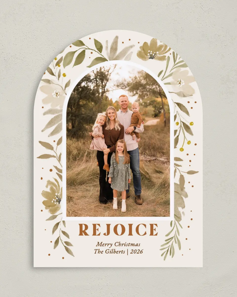 This is a 5" x 7" Christmas Card called Bouquets of Rejoicing printed in full color with Gold foil on Premium Smooth paper