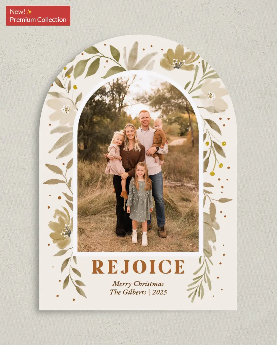 This is a 5" x 7" Christmas Card called Bouquets of Rejoicing printed in full color with Gold foil on Premium Smooth paper