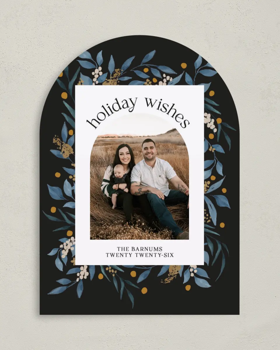 This is a 5" x 7" Christmas Card called Evergreen Holiday printed in full color with Gold foil on Premium Smooth paper
