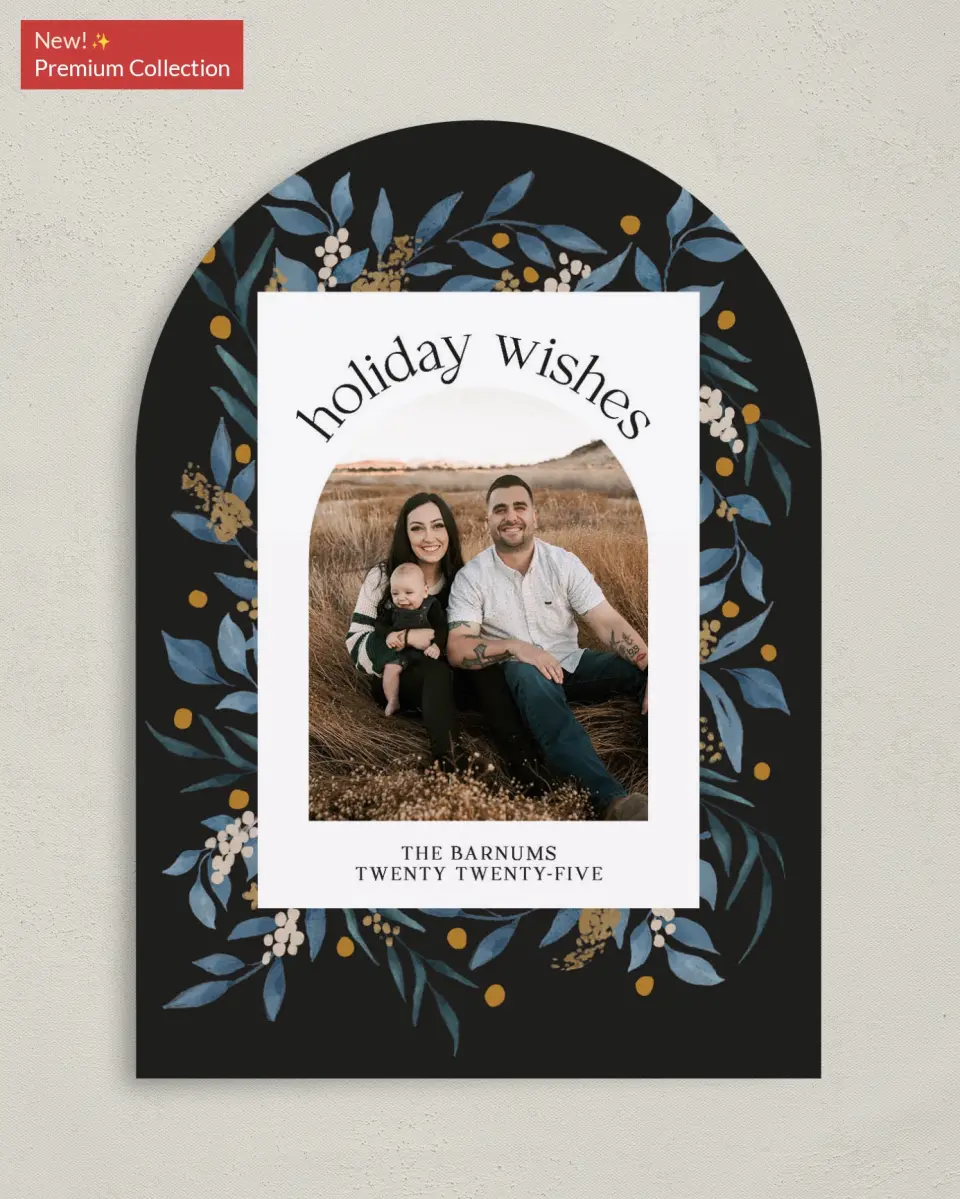 This is a 5" x 7" Christmas Card called Evergreen Holiday printed in full color with Gold foil on Premium Smooth paper