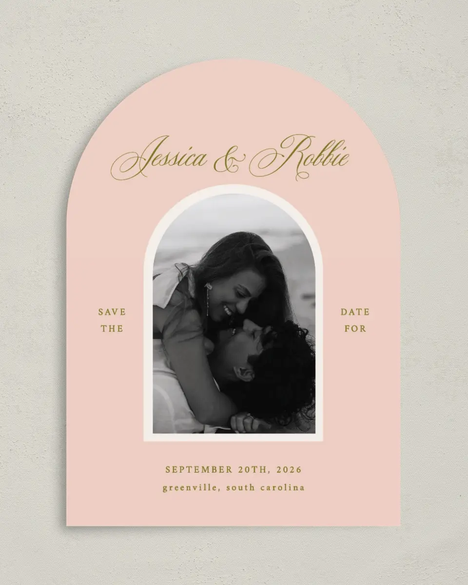 This is a 5" x 7" Arch Save the Date called Love Off Script printed in full color on Premium Smooth paper