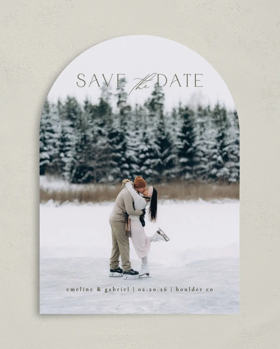 This is a 5" x 7" Arch Save the Date called Gliding Love printed in full color with Silver foil on Luxe Satin paper
