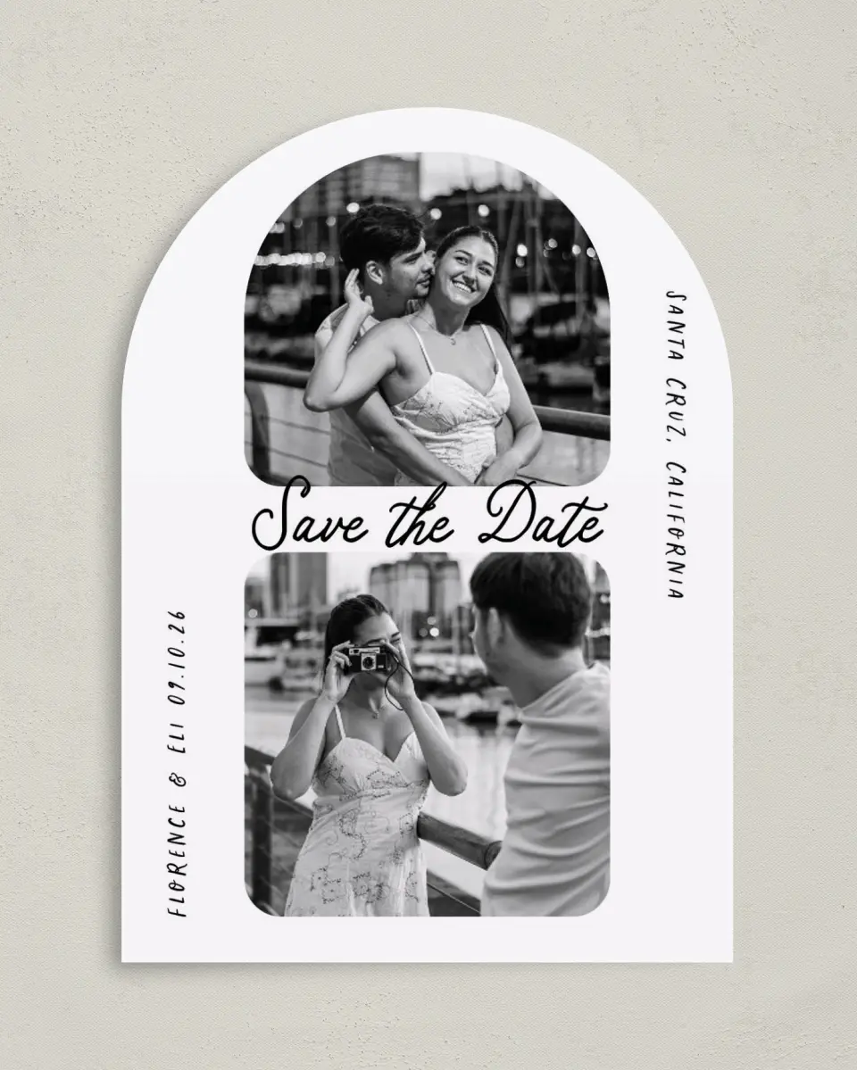 This is a 5" x 7" Arch Save the Date called Love on Display printed in full color with Rose Gold foil on Luxe Satin paper