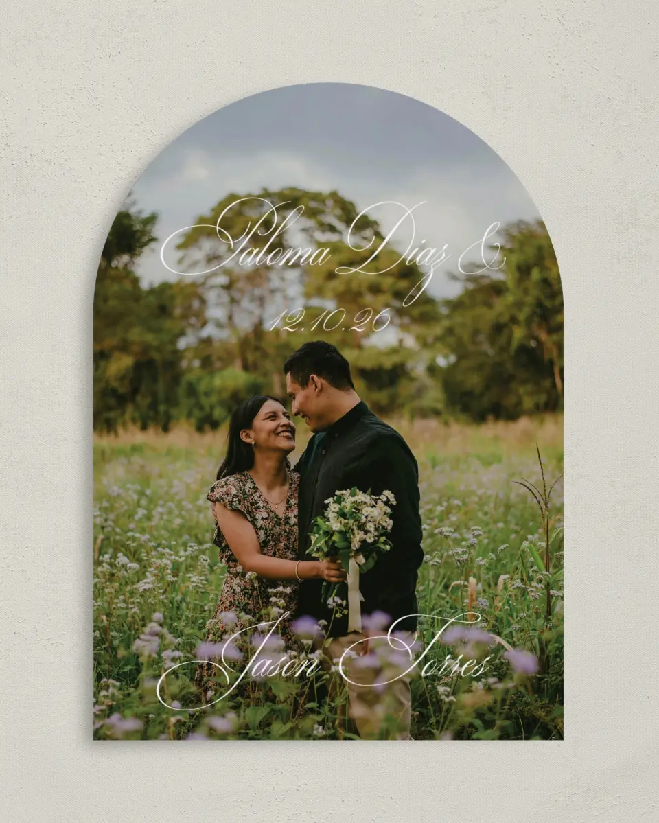 This is a 5" x 7" Arch Save the Date called Bespoke Love printed in full color on Premium Smooth paper