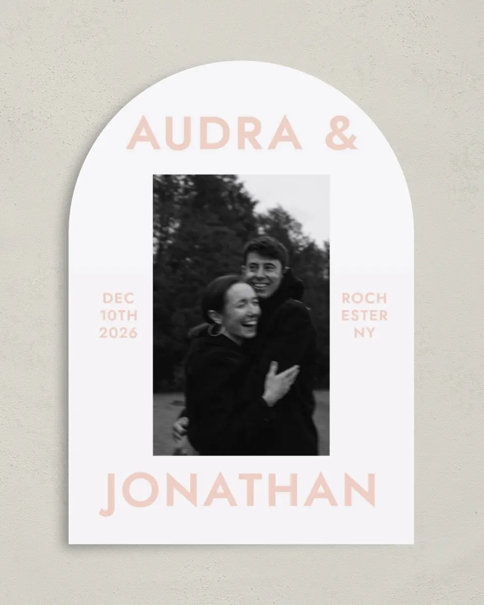 This is a 5" x 7" Arch Save the Date called You & Me printed in full color on Premium Smooth paper