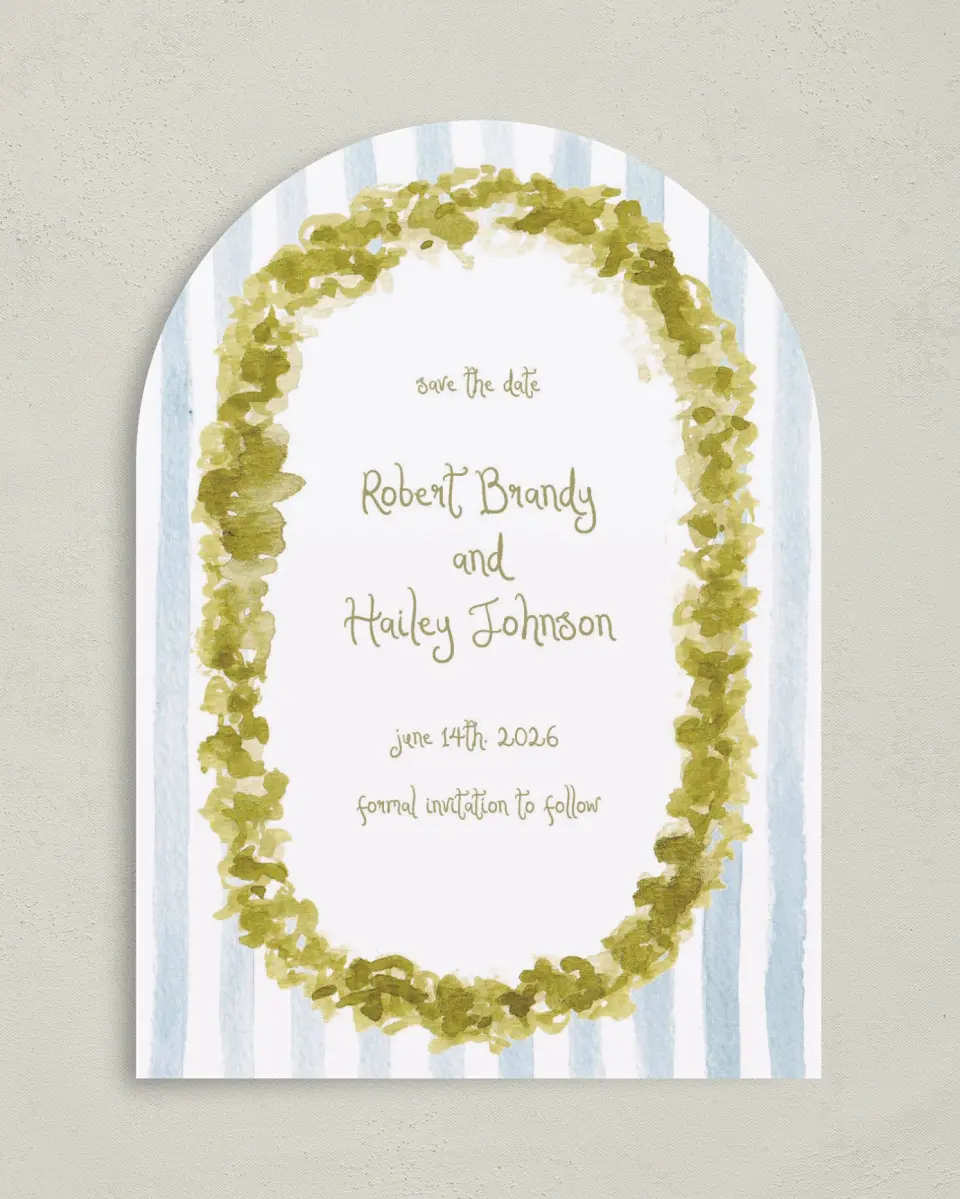 This is a 5" x 7" Arch Save the Date called Soft Meadows printed in full color on Premium Smooth paper