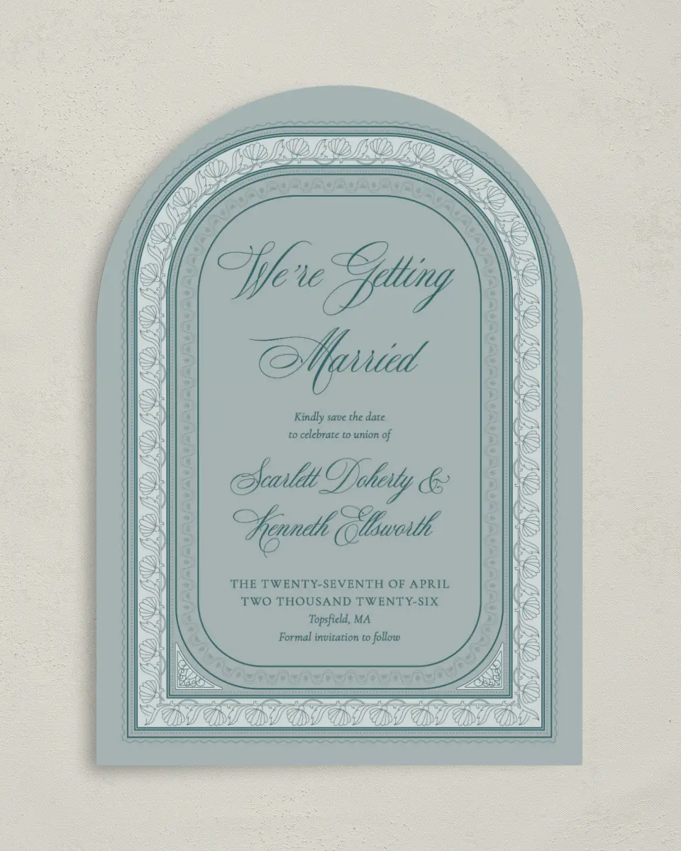 This is a 5" x 7" Arch Save the Date called Delicate Vintage printed in full color on Premium Smooth paper