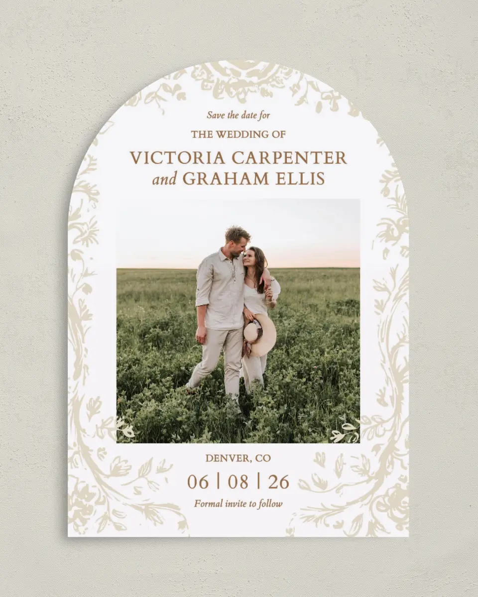 This is a 5" x 7" Arch Save the Date called Soft Branchlets printed in full color on Premium Smooth paper