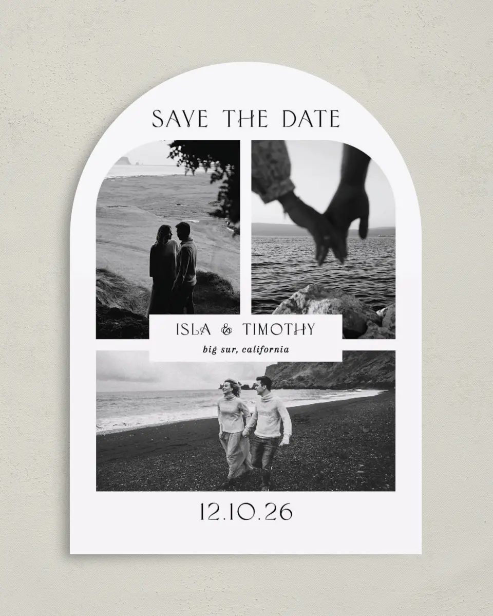 This is a 5" x 7" Arch Save the Date called Hearts Content printed in full color on Premium Smooth paper