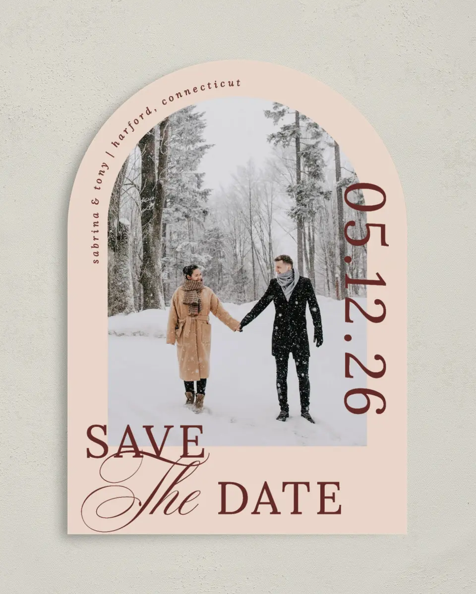 This is a 5" x 7" Arch Save the Date called Connected Hearts printed in full color on Premium Smooth paper