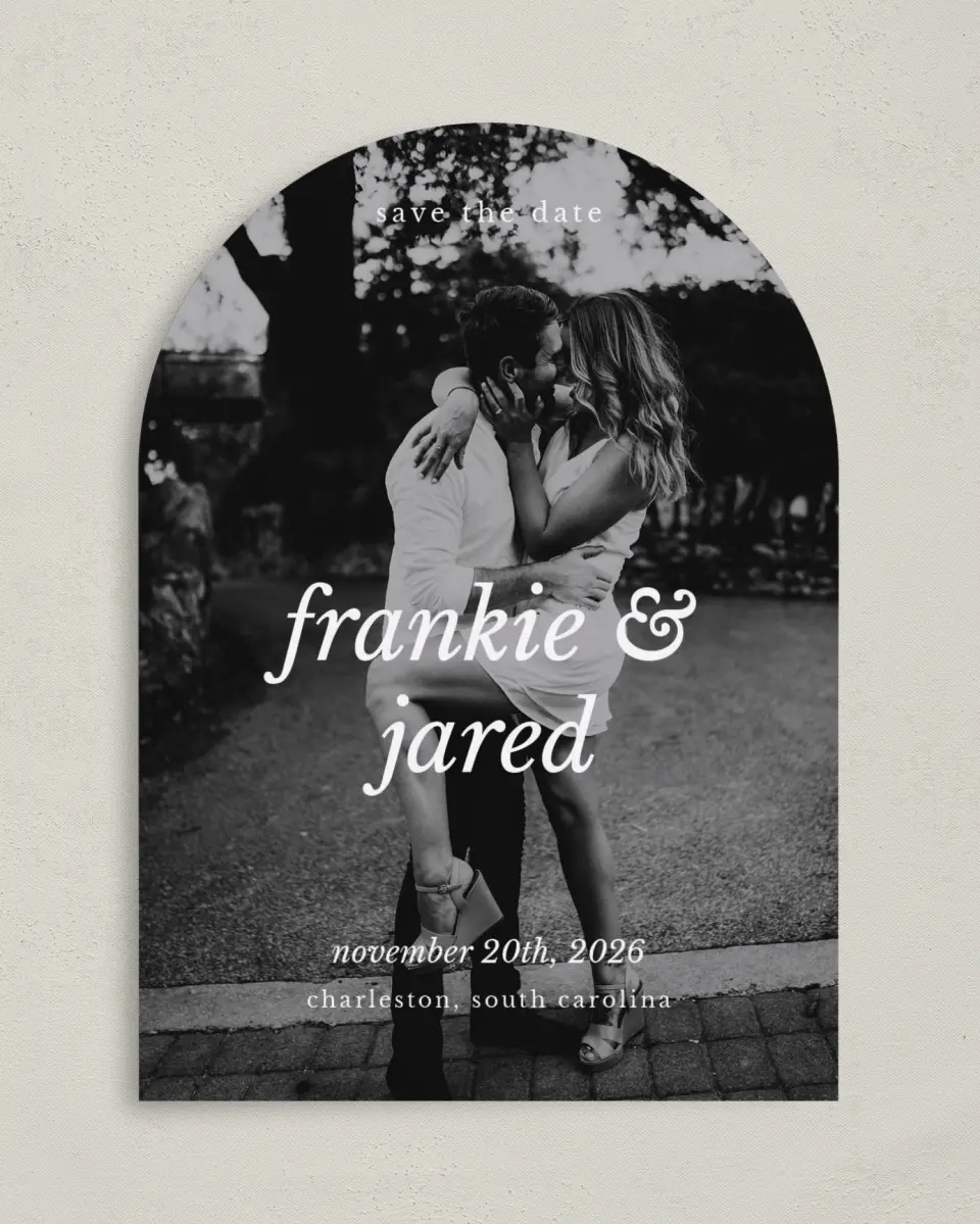 This is a 5" x 7" Arch Save the Date called Lifelong Duo printed in full color on Premium Smooth paper