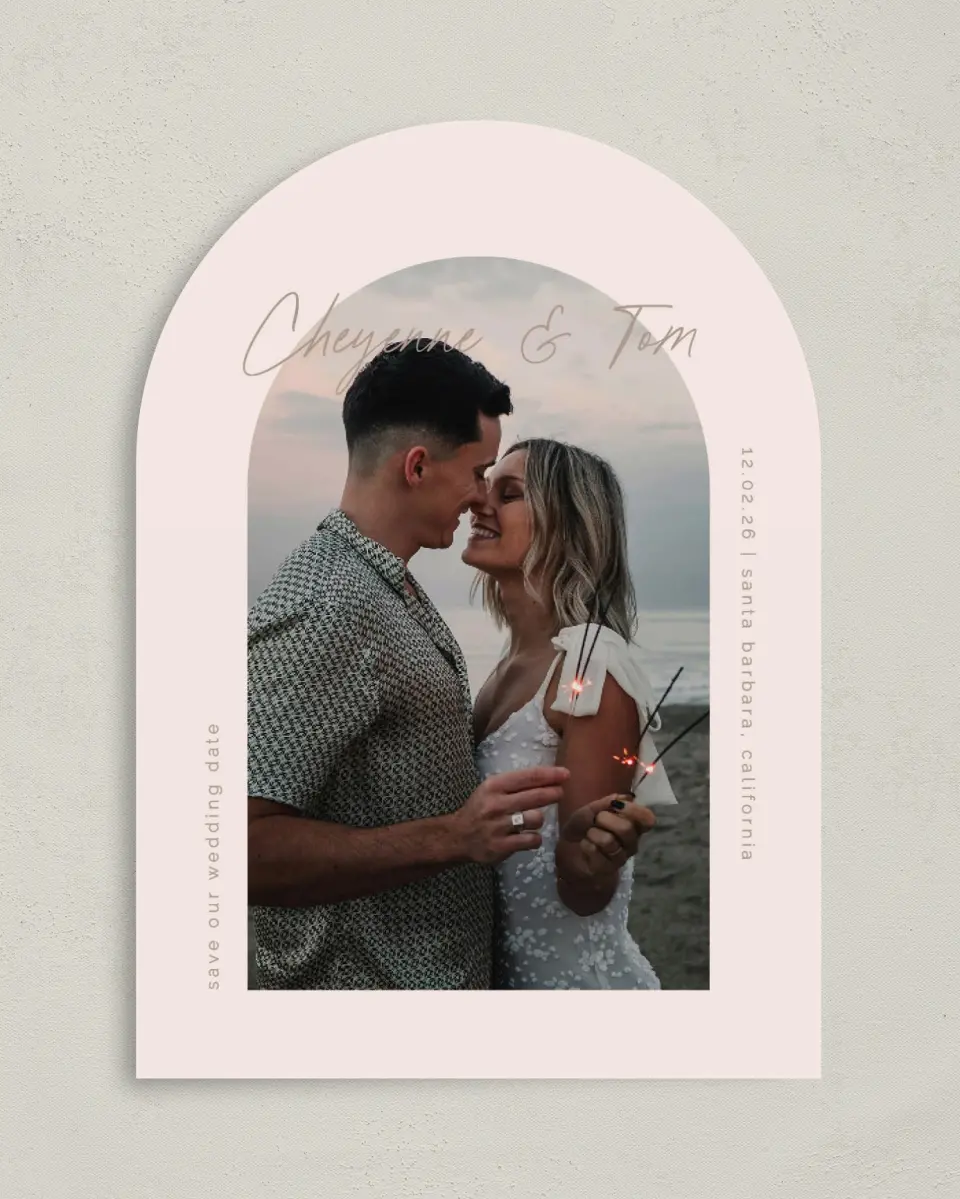 This is a 5" x 7" Arch Save the Date called Sparks Flying printed in full color on Premium Smooth paper