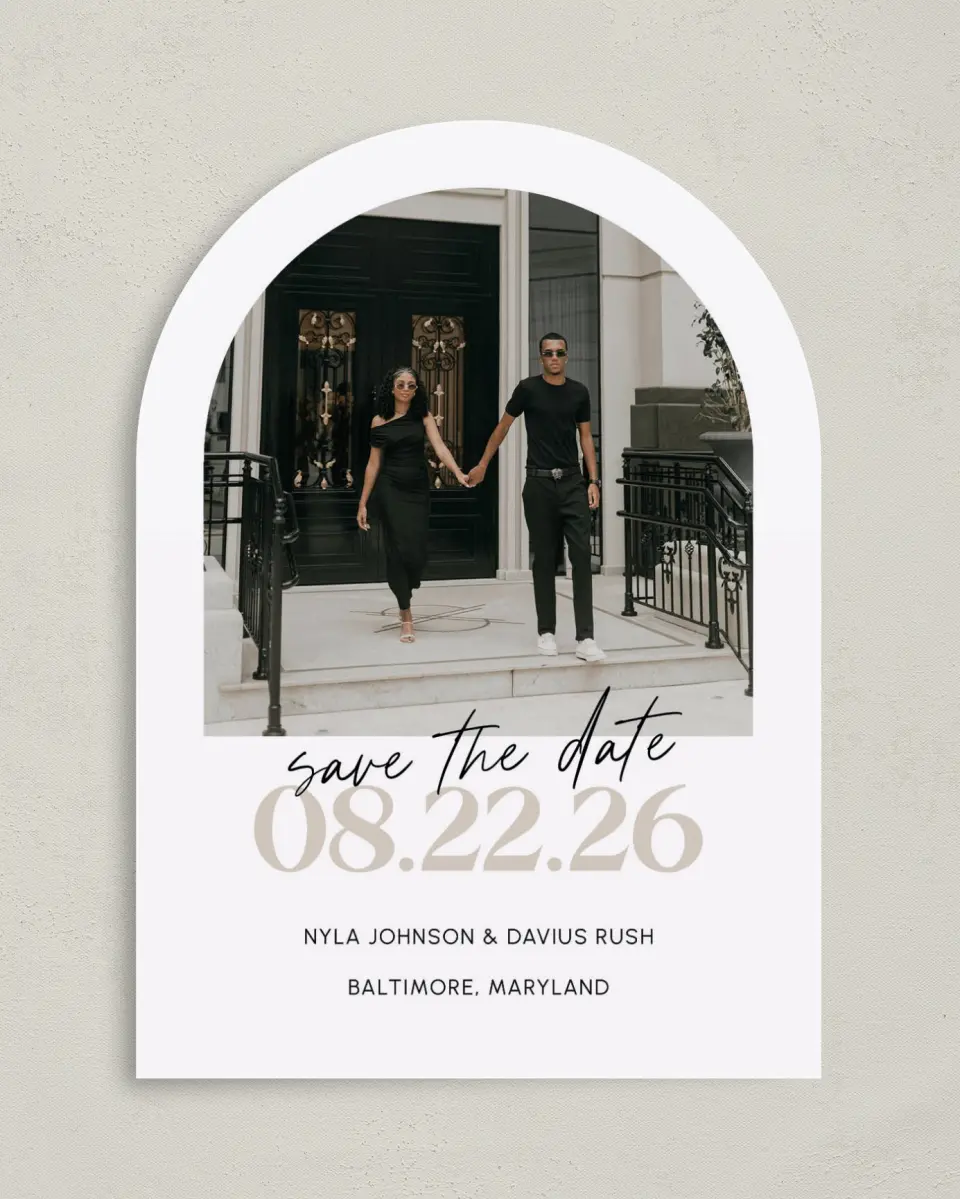 This is a 5" x 7" Arch Save the Date called Bound By Love printed in full color on Premium Smooth paper