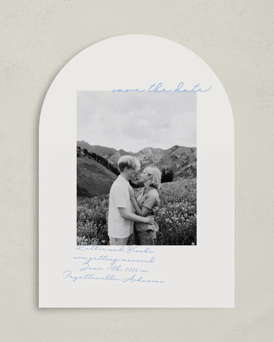 This is a 5" x 7" Arch Save the Date called Scripted Bliss printed in full color with Silver foil on Luxe Satin paper