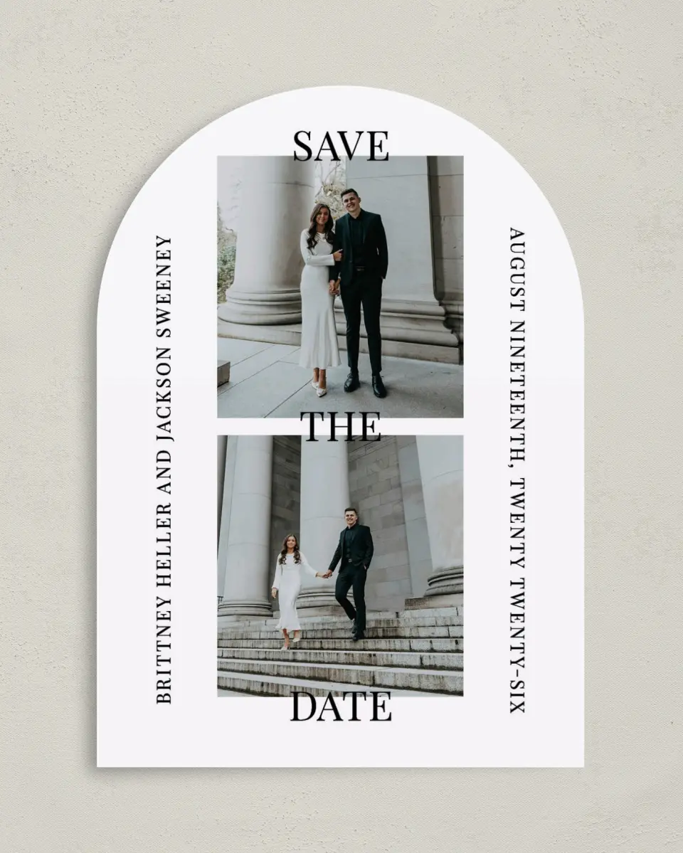 This is a 5" x 7" Arch Save the Date called Bold Proclamation printed in full color on Premium Smooth paper