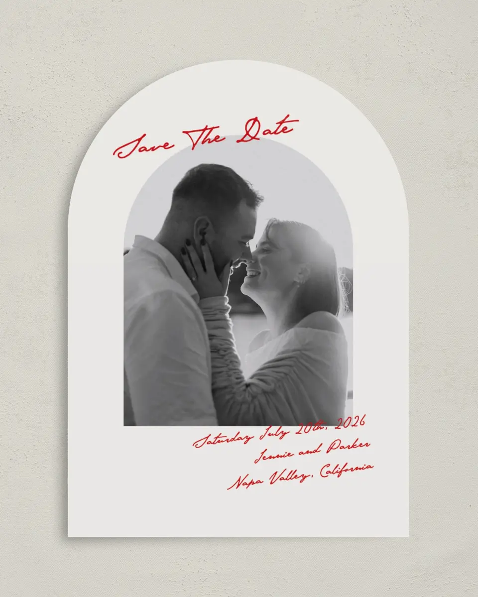 This is a 5" x 7" Arch Save the Date called With All Our Love printed in full color on Premium Smooth paper