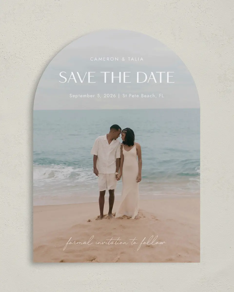 This is a 5" x 7" Arch Save the Date called Seaside Serenade printed in full color on Premium Smooth paper