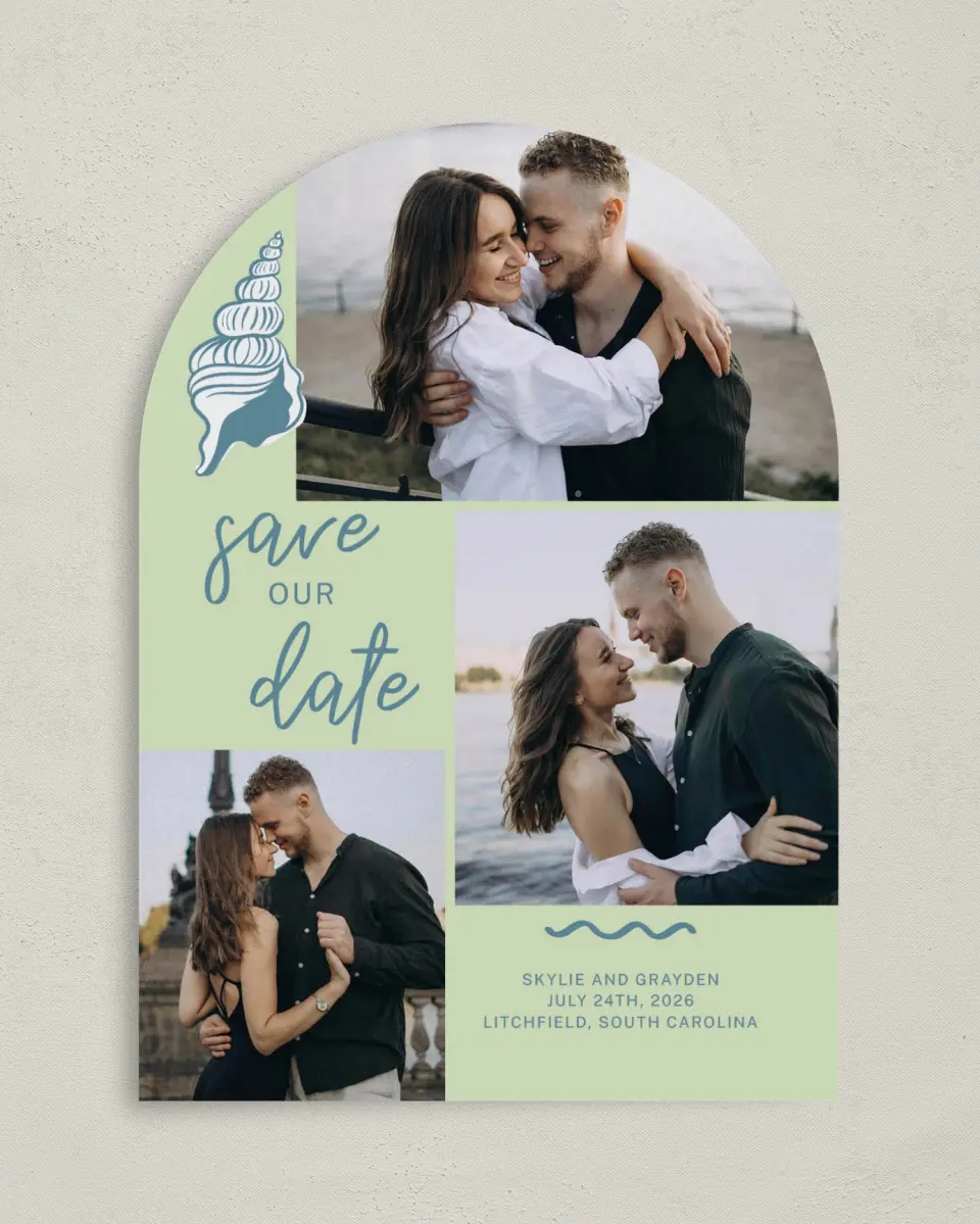 This is a 5" x 7" Arch Save the Date called I Hear Wedding Shells printed in full color on Premium Smooth paper