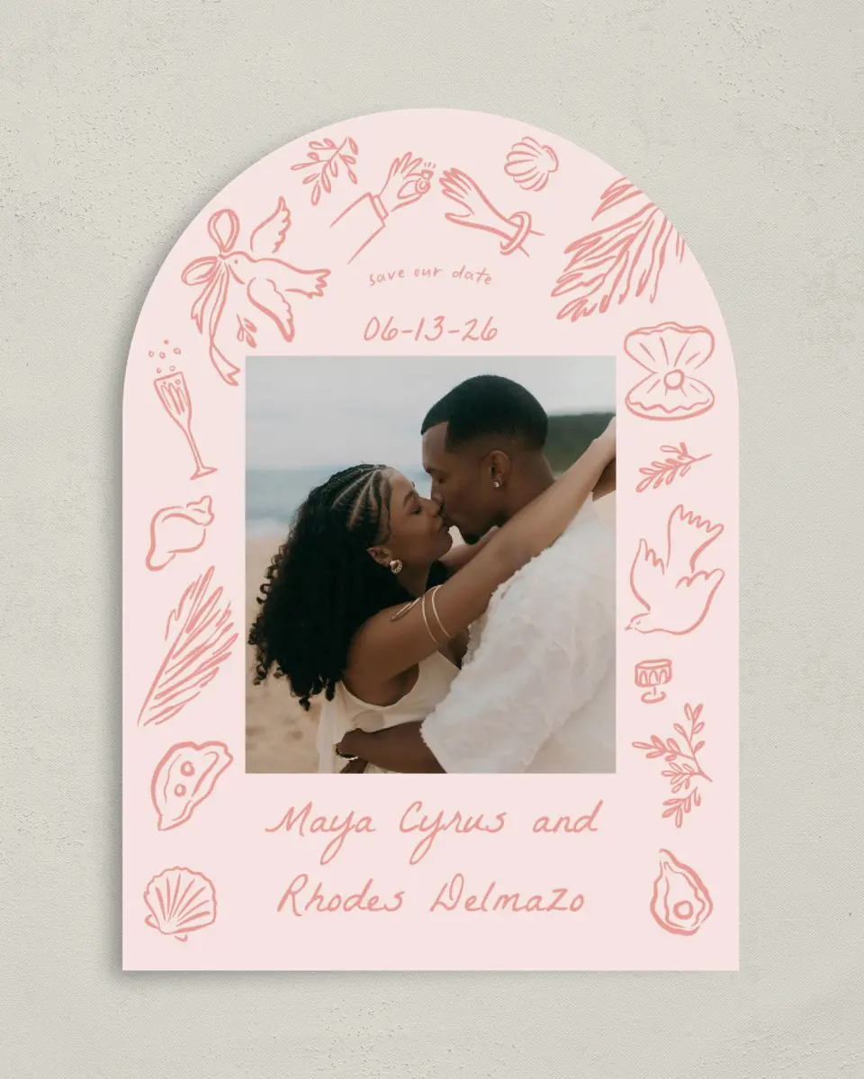 This is a 5" x 7" Arch Save the Date called Maritime Vows printed in full color with Silver foil on Luxe Satin paper