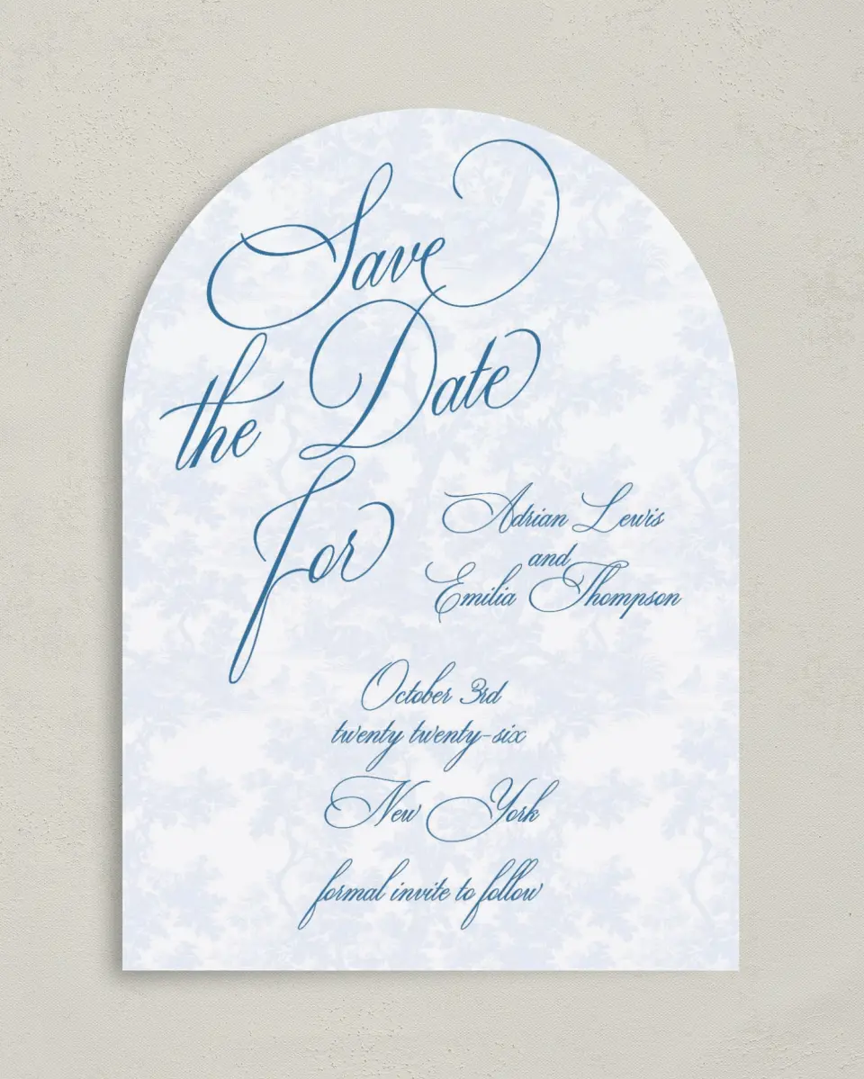 This is a 5" x 7" Arch Save the Date called Blue Toile Romance printed in full color on Premium Smooth paper