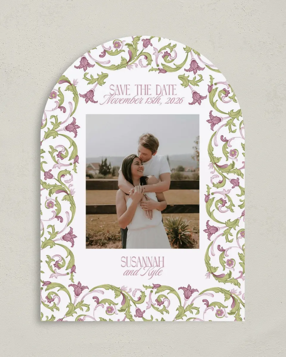 This is a 5" x 7" Arch Save the Date called Ornate Garden printed in full color on Premium Smooth paper
