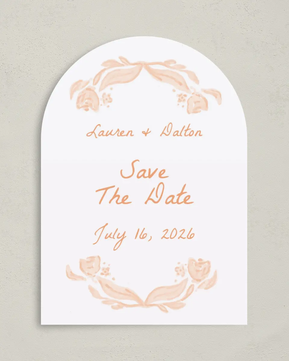 This is a 5" x 7" Arch Save the Date called Ever After Blooms printed in full color on Premium Smooth paper