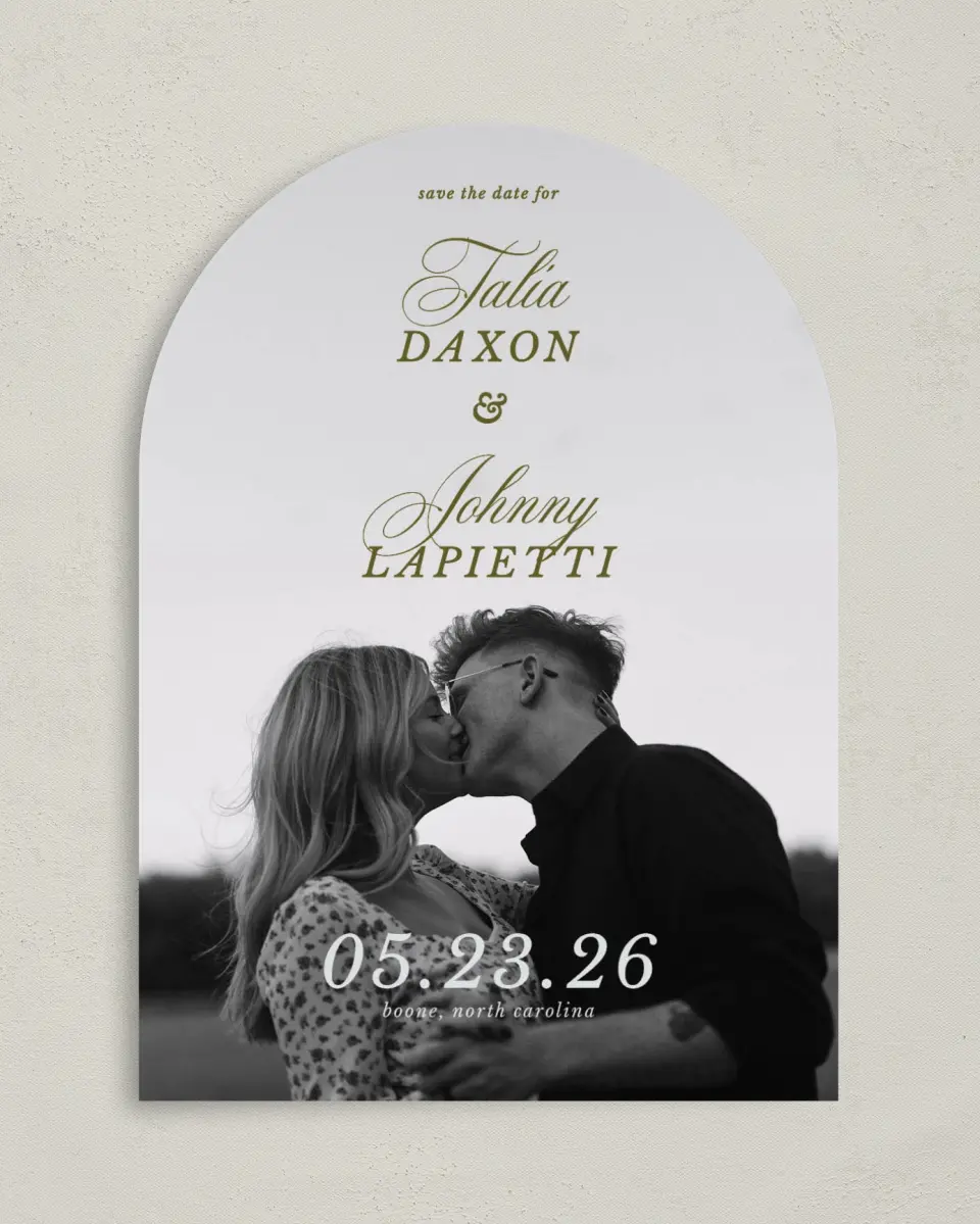 This is a 5" x 7" Arch Save the Date called Love You Forever printed in full color with Silver foil on Luxe Satin paper