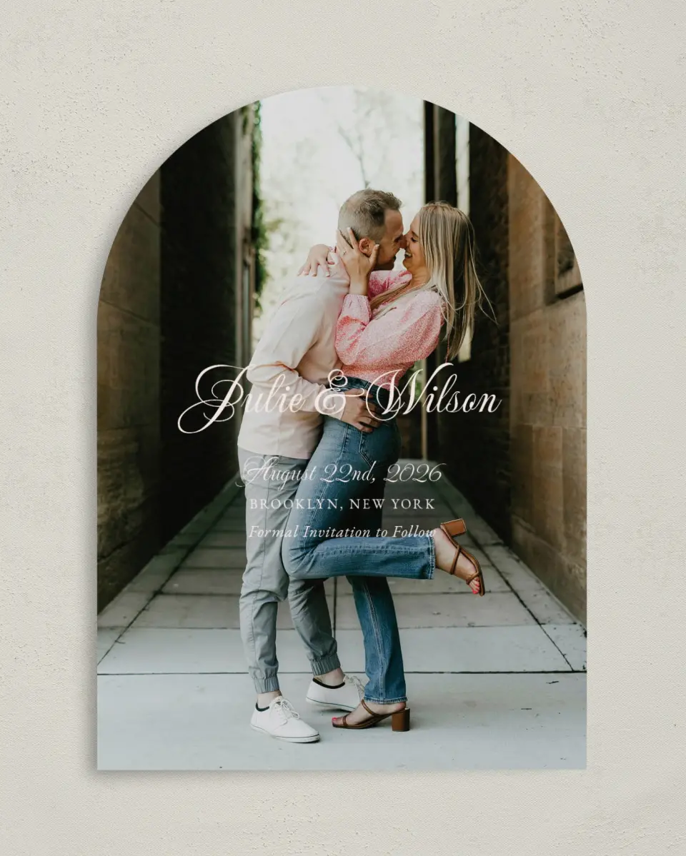 This is a 5" x 7" Arch Save the Date called Patterned Love printed in full color with Silver foil on Luxe Satin paper