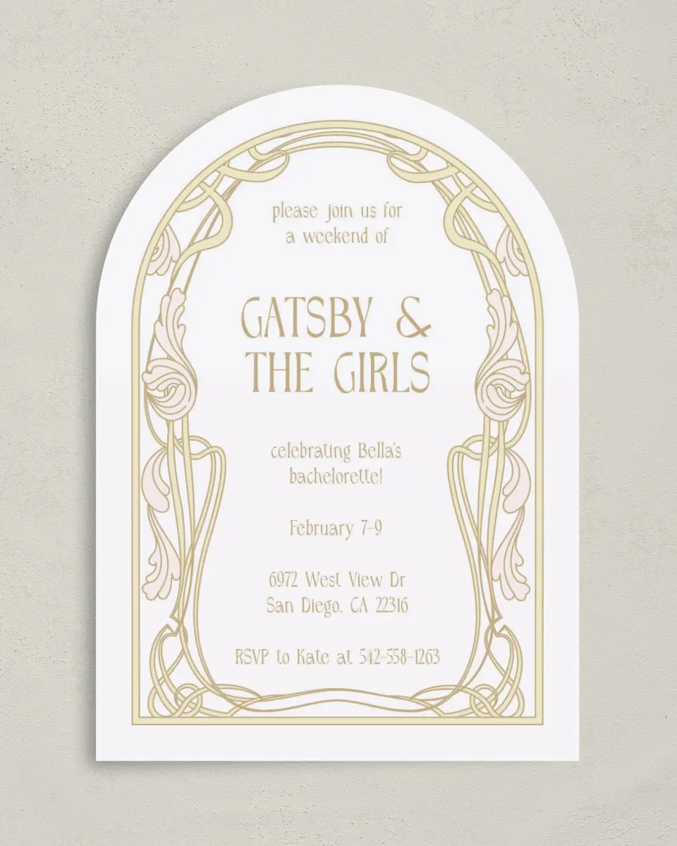 This is a 5" x 7" Bachelorette Party Invitation called Gatsby and The Girls printed in full color on Premium Smooth paper