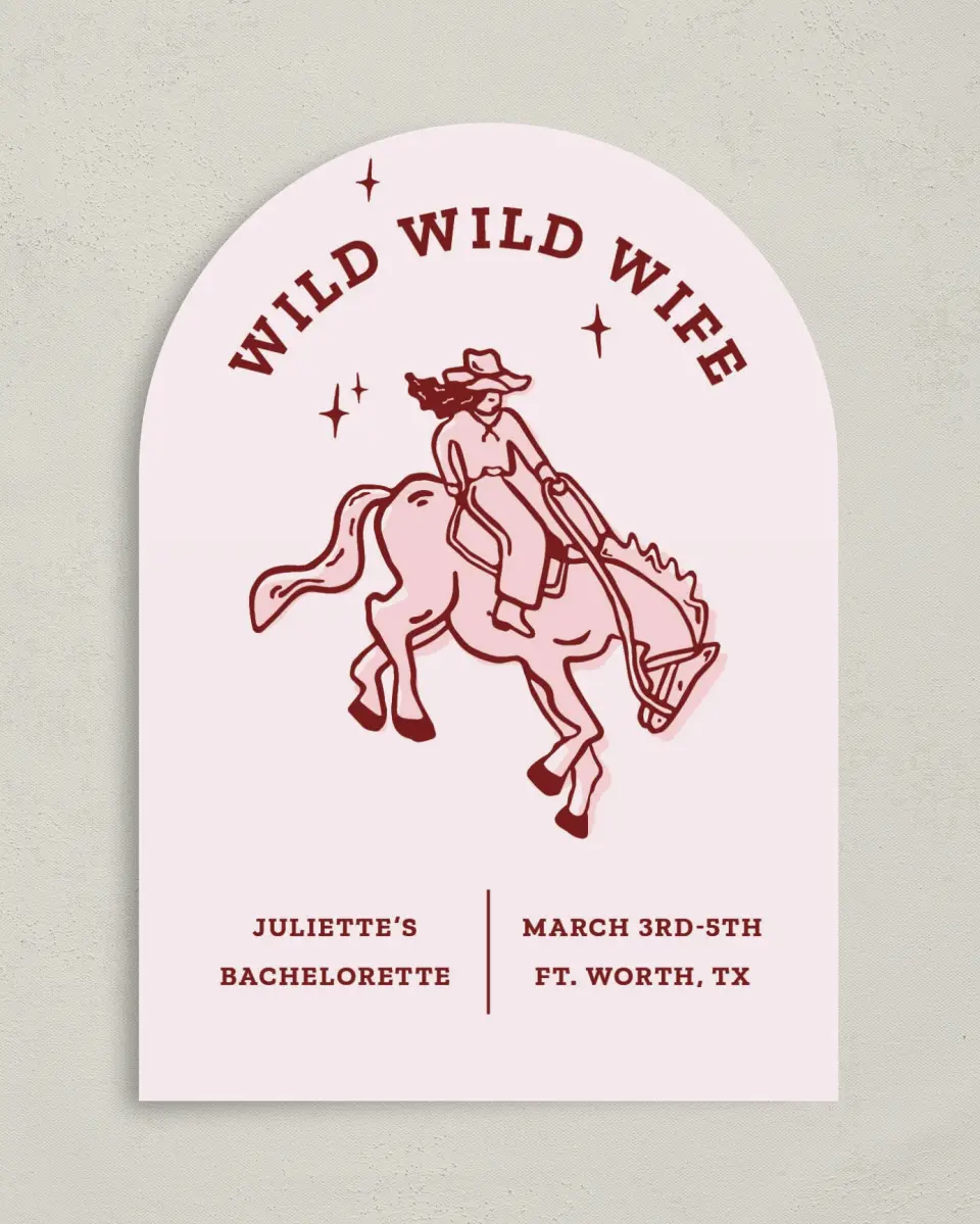 This is a 5" x 7" Bachelorette Party Invitation called Wild Wild Wife printed in full color on Premium Smooth paper
