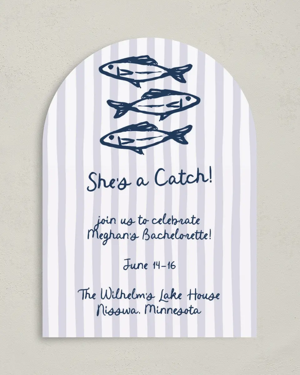 This is a 5" x 7" Bachelorette Party Invitation called She's a Catch printed in full color on Premium Smooth paper