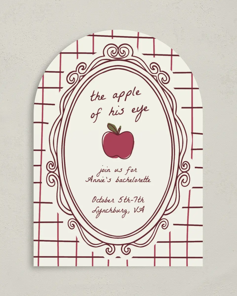 This is a 5" x 7" Bachelorette Party Invitation called Apple of His Eye printed in full color on Premium Smooth paper