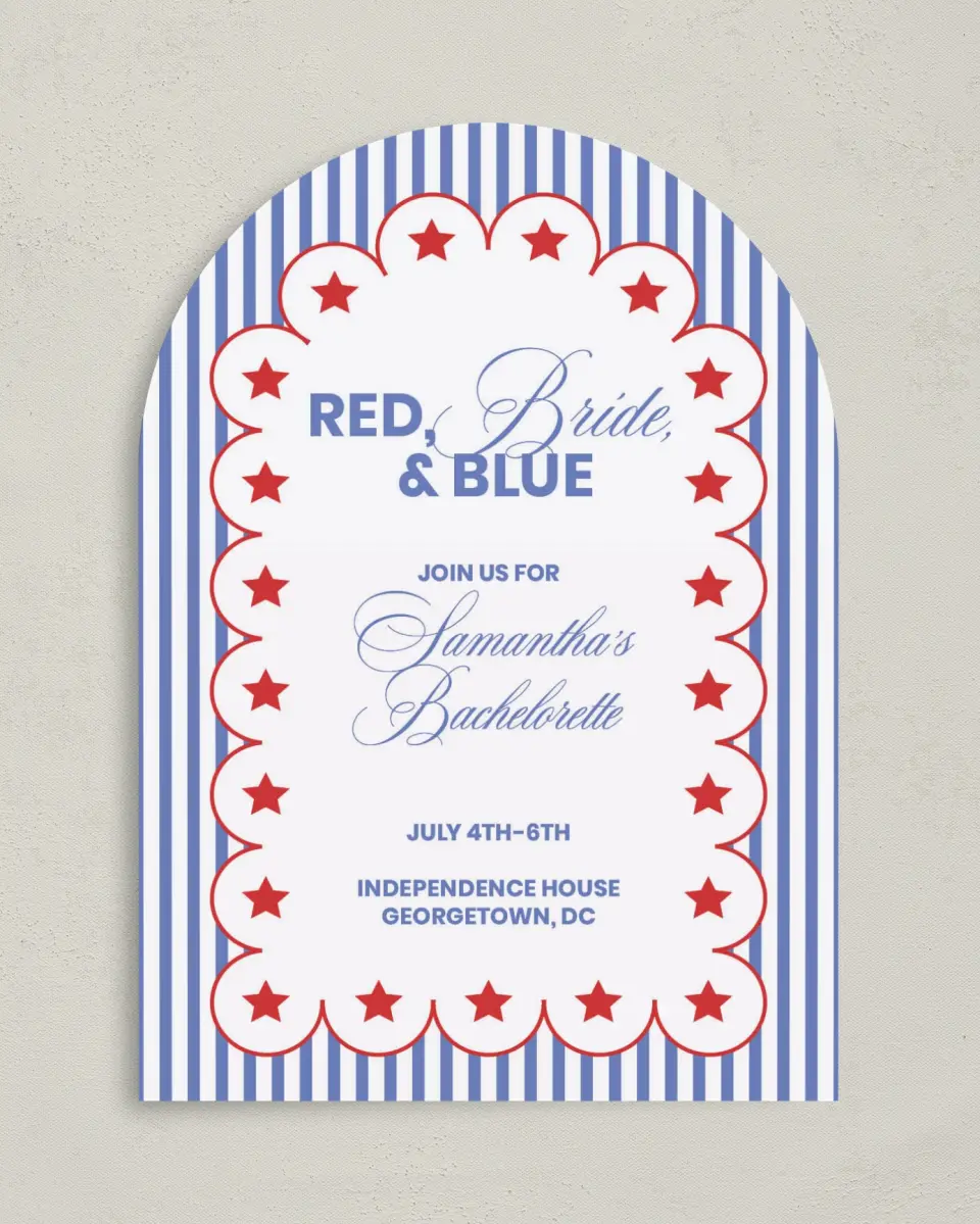 This is a 5" x 7" Bachelorette Party Invitation called Red, Bride, and Blue printed in full color on Premium Smooth paper
